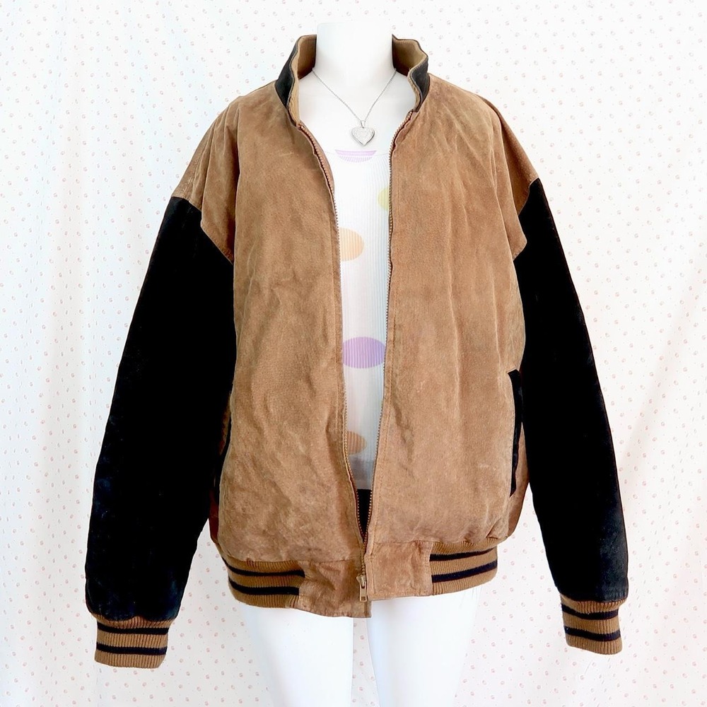 brown black color block leather bomber jacket oversized y2k 90s